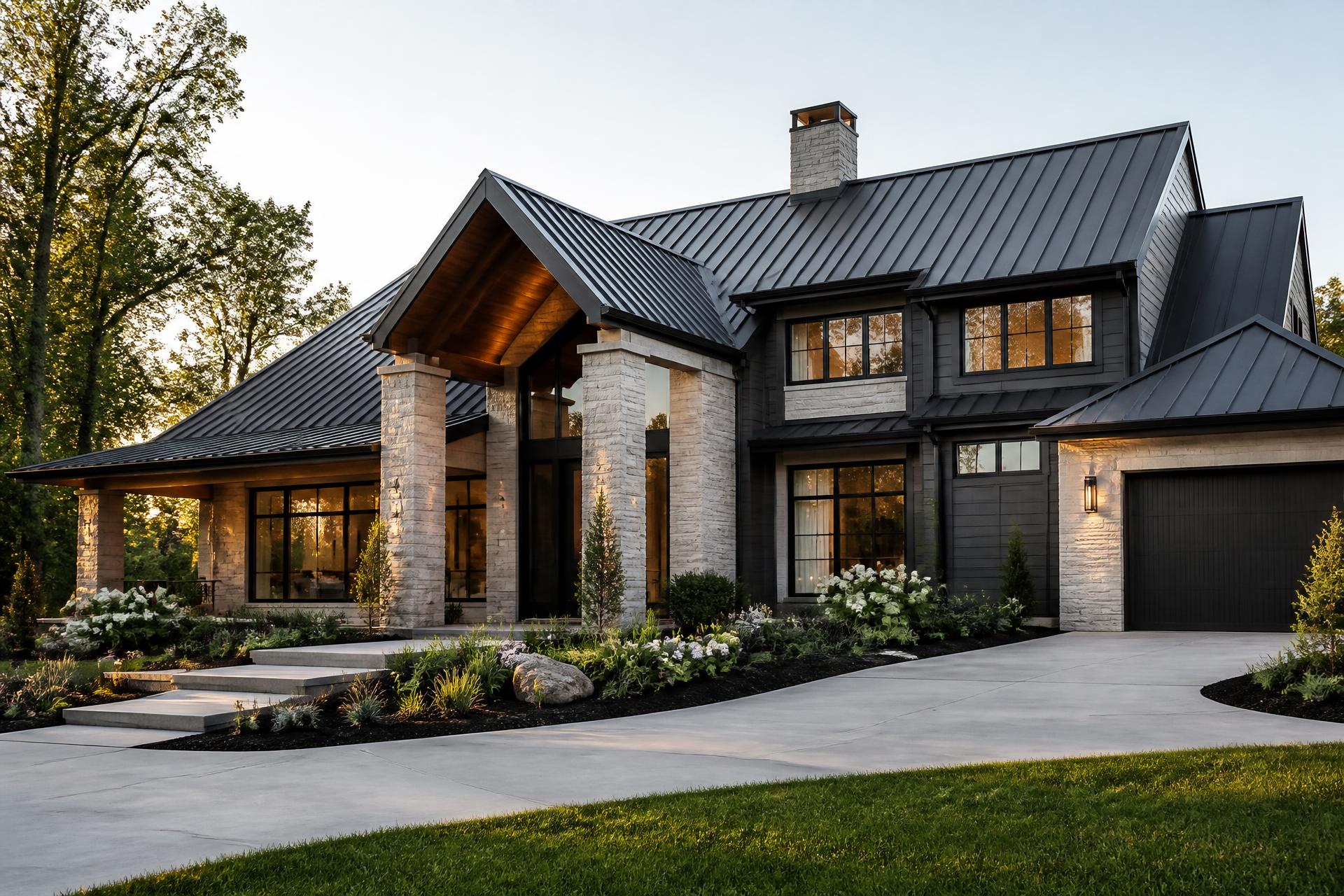 Modern home with a newly finished charcoal metal roof